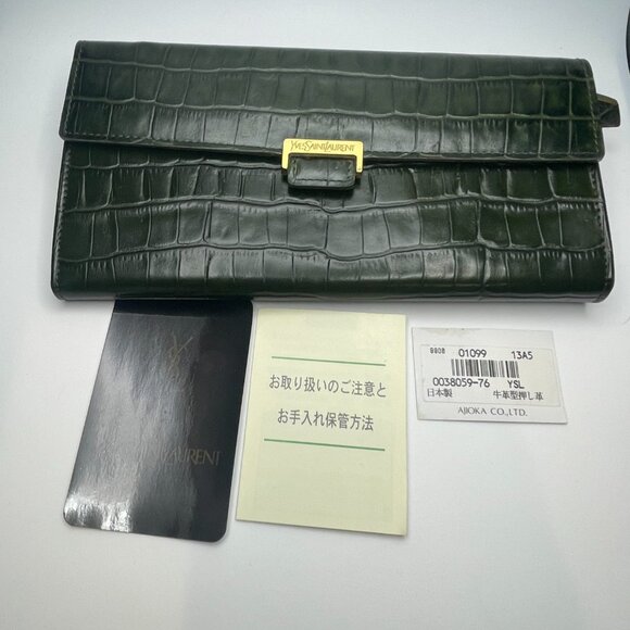 Yves Saint Laurent Dark Green Crocodile Embossed Leather Long Wallet - Preowned - Picture 1 of 12